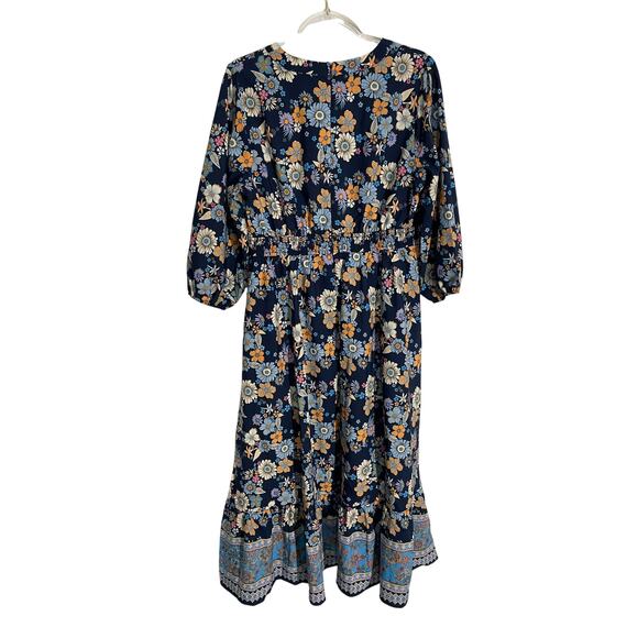 Avara Navy Blue Colorful Floral Print 3/4 Sleeve Midi Dress Ruffle Hem Large - Picture 4 of 5